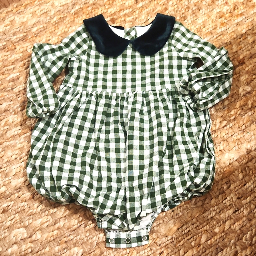 SweetHoney Green and White Checkered Bubble Romper